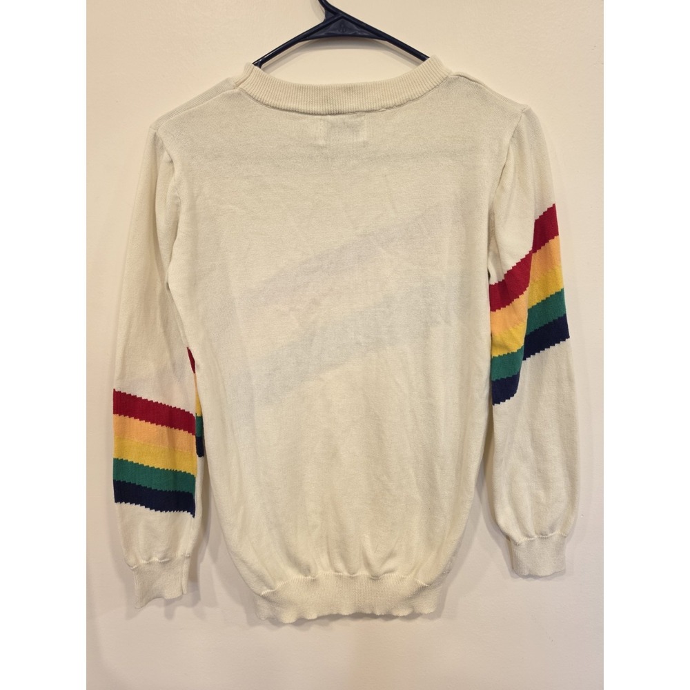 OXKNIT Rainbow Stripe Sweater Cream Pullover Long Sleeve Retro Womens SM - Picture 4 of 4